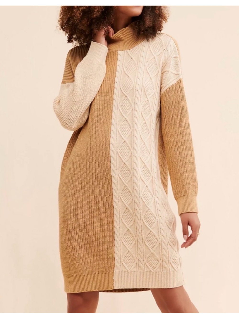 Callahan Tess Colorblock Cable Knit Sweater Dress Turtleneck Camel Cream Large